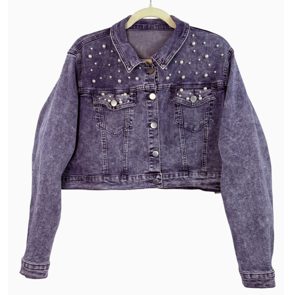 Purple Pearl Embellished Denim Jacket 2XL Cropped Stretch Jean Trucker
